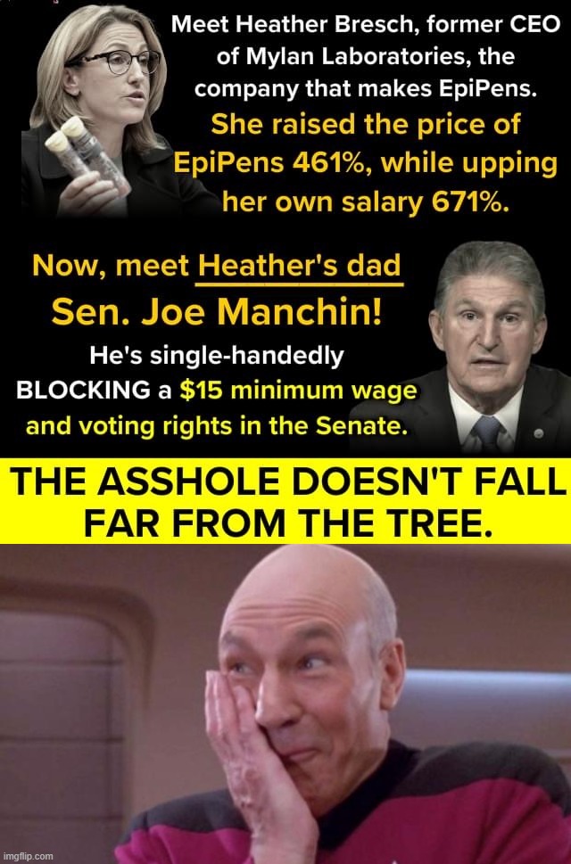 Meet the Munchums. Like father, like daughter! | image tagged in joe manchin daughter,picard giggle,joe manchin,joe munchums,joe marshroom,joe mama | made w/ Imgflip meme maker