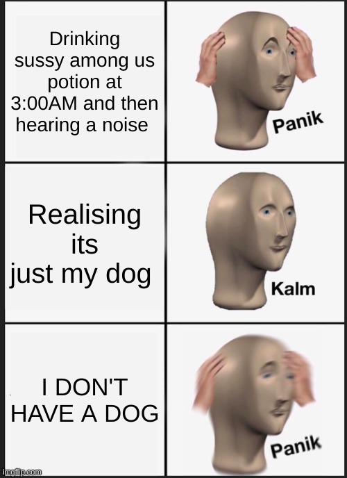 Panik Kalm Panik Meme | Drinking sussy among us potion at 3:00AM and then hearing a noise; Realising its just my dog; I DON'T HAVE A DOG | image tagged in memes,panik kalm panik | made w/ Imgflip meme maker