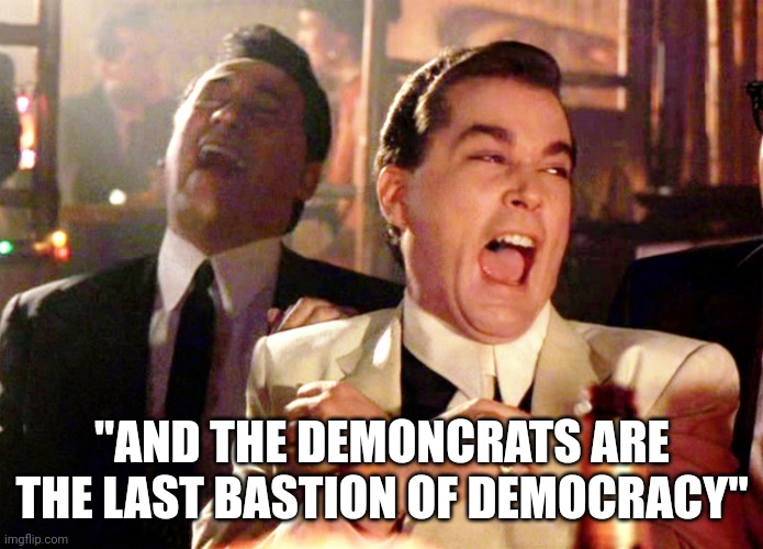 Good Fellas Hilarious | "AND THE DEMONCRATS ARE THE LAST BASTION OF DEMOCRACY" | image tagged in memes,good fellas hilarious | made w/ Imgflip meme maker