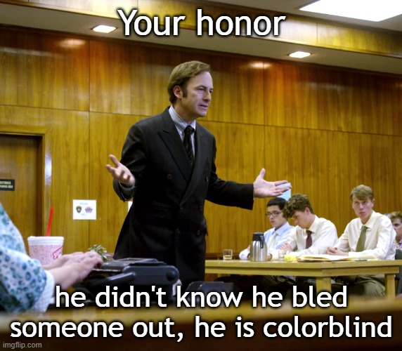 Obvious murderer defense be like: | Your honor; he didn't know he bled someone out, he is colorblind | image tagged in your honor | made w/ Imgflip meme maker