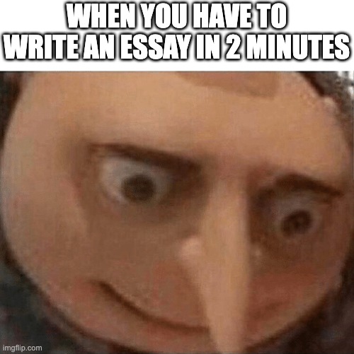 uh oh Gru | WHEN YOU HAVE TO WRITE AN ESSAY IN 2 MINUTES | image tagged in uh oh gru | made w/ Imgflip meme maker