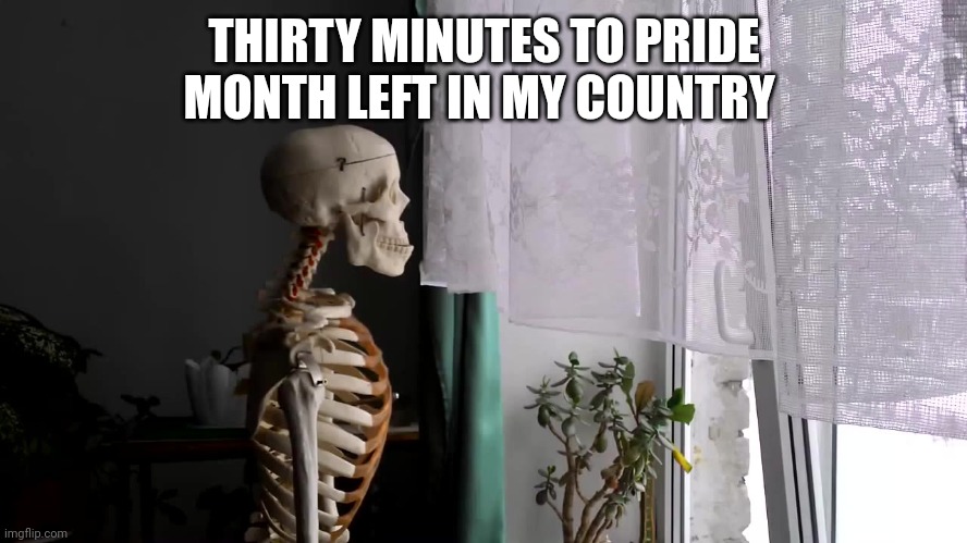 Sad Skeleton | THIRTY MINUTES TO PRIDE MONTH LEFT IN MY COUNTRY | image tagged in sad skeleton | made w/ Imgflip meme maker