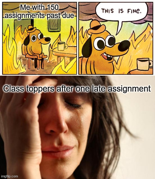 they make such a fuss about just one late assignment | Me with 150 assignments past due; Class toppers after one late assignment | image tagged in memes,this is fine,first world problems | made w/ Imgflip meme maker