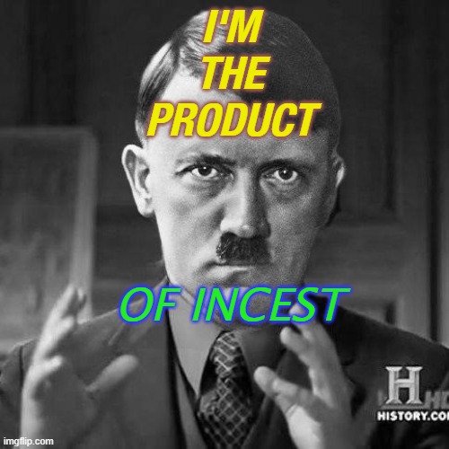 I'm the product of incest. | I'M
THE
PRODUCT; OF INCEST | image tagged in adolf hitler aliens | made w/ Imgflip meme maker