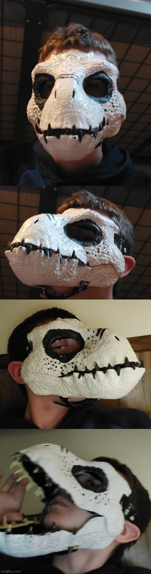 Me wearing my new dino mask! (Ft. about half my face and messy room) | image tagged in dino mask | made w/ Imgflip meme maker