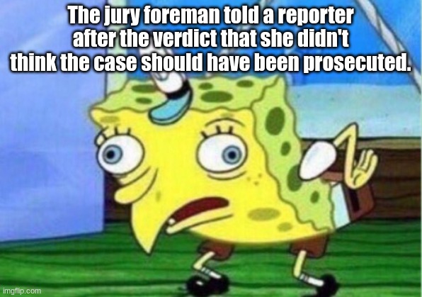 Mocking Spongebob | The jury foreman told a reporter after the verdict that she didn't think the case should have been prosecuted. | image tagged in memes,mocking spongebob | made w/ Imgflip meme maker