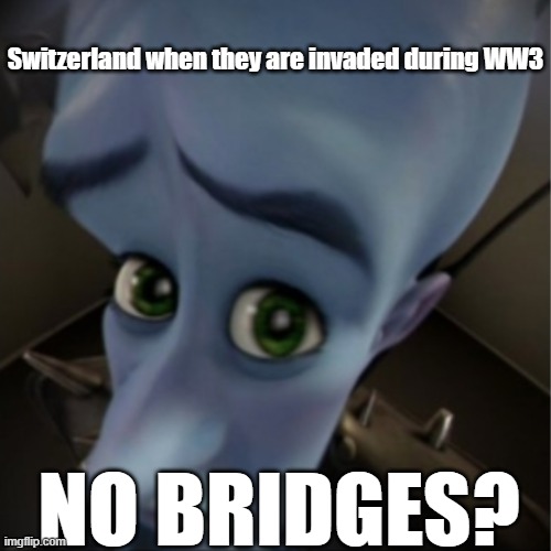 Megamind peeking | Switzerland when they are invaded during WW3; NO BRIDGES? | image tagged in megamind peeking | made w/ Imgflip meme maker