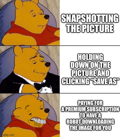 Best,Better, Blurst | SNAPSHOTTING THE PICTURE; HOLDING DOWN ON THE PICTURE AND CLICKING “SAVE AS”; PAYING FOR A PREMIUM SUBSCRIPTION TO HAVE A ROBOT DOWNLOADING THE IMAGE FOR YOU | image tagged in best better blurst,funny,memes,gifs,dogs,download | made w/ Imgflip meme maker