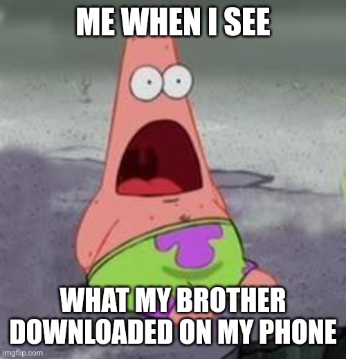 Sussiest man alive right there | ME WHEN I SEE; WHAT MY BROTHER DOWNLOADED ON MY PHONE | image tagged in suprised patrick | made w/ Imgflip meme maker