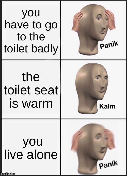 Panik Kalm Panik | you have to go to the toilet badly; the toilet seat is warm; you live alone | image tagged in memes,panik kalm panik | made w/ Imgflip meme maker