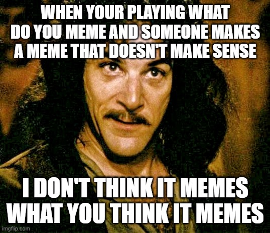inigo montoya | WHEN YOUR PLAYING WHAT DO YOU MEME AND SOMEONE MAKES A MEME THAT DOESN'T MAKE SENSE; I DON'T THINK IT MEMES WHAT YOU THINK IT MEMES | image tagged in i don't think it means what you think it means | made w/ Imgflip meme maker