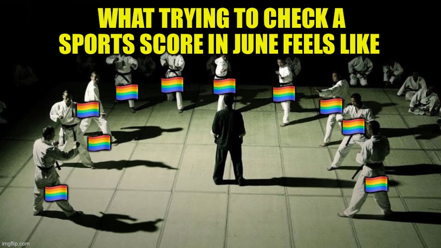 Pride Month | WHAT TRYING TO CHECK A SPORTS SCORE IN JUNE FEELS LIKE; 🏳️‍🌈; 🏳️‍🌈; 🏳️‍🌈; 🏳️‍🌈; 🏳️‍🌈; 🏳️‍🌈; 🏳️‍🌈; 🏳️‍🌈; 🏳️‍🌈; 🏳️‍🌈 | image tagged in pride,virtue signaling | made w/ Imgflip meme maker