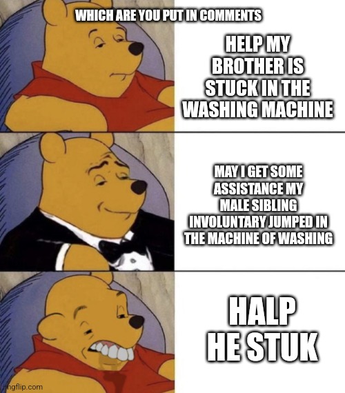 Yes | WHICH ARE YOU PUT IN COMMENTS; HELP MY BROTHER IS STUCK IN THE WASHING MACHINE; MAY I GET SOME ASSISTANCE MY MALE SIBLING INVOLUNTARY JUMPED IN THE MACHINE OF WASHING; HALP HE STUK | image tagged in whinnie the poo normal fancy gross,memes,funny,lol so funny,help | made w/ Imgflip meme maker