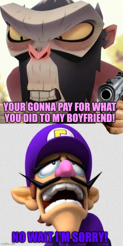 Miss Simian shoots Waluigi to death.mp3 |  YOUR GONNA PAY FOR WHAT YOU DID TO MY BOYFRIEND! NO WAIT I'M SORRY! | image tagged in waluigi,tawog,the amazing world of gumball,gun | made w/ Imgflip meme maker