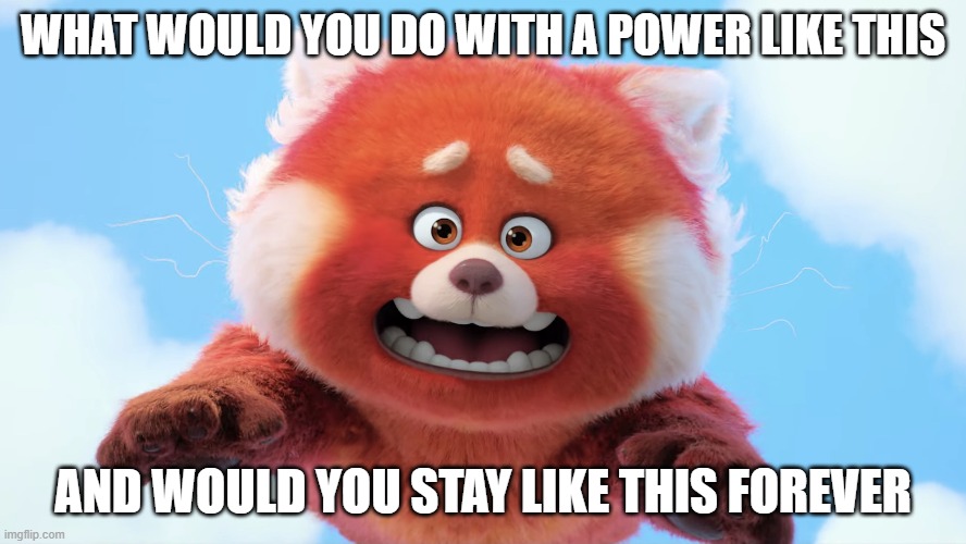 disney pixars turning red movie | WHAT WOULD YOU DO WITH A POWER LIKE THIS; AND WOULD YOU STAY LIKE THIS FOREVER | image tagged in memes,funny memes,disney,turning red,pixar,movies | made w/ Imgflip meme maker