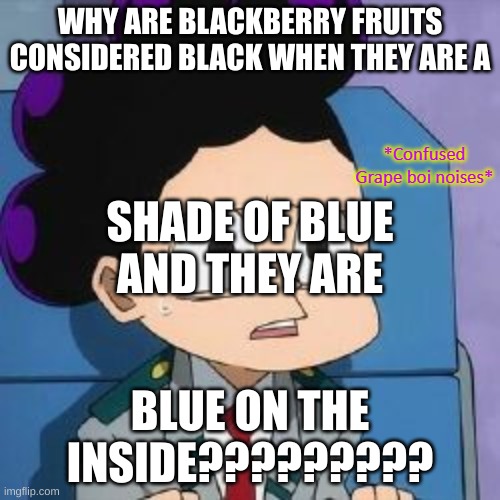 *Counfused Grape boi noises* | WHY ARE BLACKBERRY FRUITS CONSIDERED BLACK WHEN THEY ARE A; SHADE OF BLUE









AND THEY ARE; BLUE ON THE INSIDE????????? | image tagged in counfused grape boi noises | made w/ Imgflip meme maker