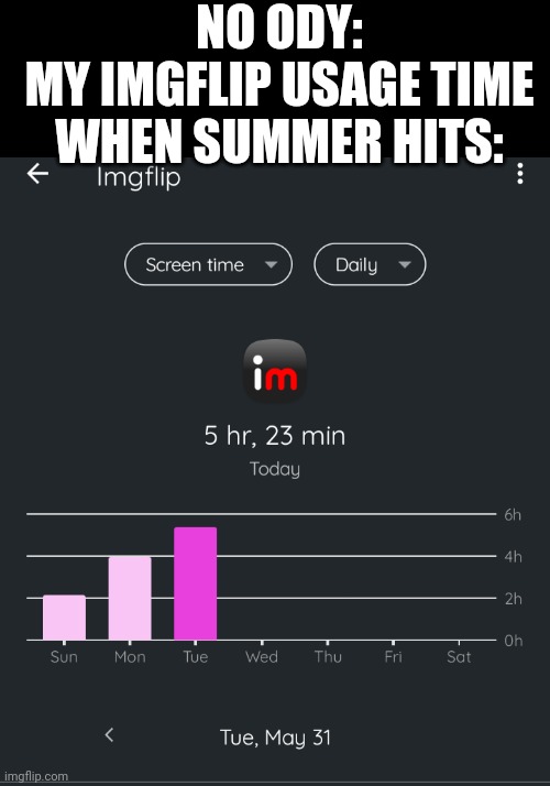 NO ODY:
MY IMGFLIP USAGE TIME WHEN SUMMER HITS: | made w/ Imgflip meme maker