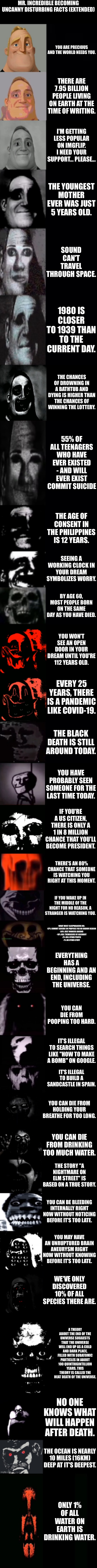 Mr. Incredible becoming uncanny disturbing facts (Extended) | MR. INCREDIBLE BECOMING UNCANNY DISTURBING FACTS (EXTENDED); YOU ARE PRECIOUS AND THE WORLD NEEDS YOU. THERE ARE 7.95 BILLION PEOPLE LIVING ON EARTH AT THE TIME OF WRITING. I'M GETTING LESS POPULAR ON IMGFLIP. I NEED YOUR SUPPORT... PLEASE... THE YOUNGEST MOTHER EVER WAS JUST 5 YEARS OLD. SOUND CAN'T TRAVEL THROUGH SPACE. 1980 IS CLOSER TO 1939 THAN TO THE CURRENT DAY. THE CHANCES OF DROWNING IN A BATHTUB AND DYING IS HIGHER THAN THE CHANCES OF WINNING THE LOTTERY. 55% OF ALL TEENAGERS WHO HAVE EVER EXISTED - AND WILL EVER EXIST COMMIT SUICIDE; THE AGE OF CONSENT IN THE PHILIPPINES IS 12 YEARS. SEEING A WORKING CLOCK IN YOUR DREAM SYMBOLIZES WORRY. BY AGE 60, MOST PEOPLE BORN ON THE SAME DAY AS YOU HAVE DIED. YOU WON'T SEE AN OPEN DOOR IN YOUR DREAM UNTIL YOU'RE 112 YEARS OLD. EVERY 25 YEARS, THERE IS A PANDEMIC LIKE COVID-19. THE BLACK DEATH IS STILL AROUND TODAY. YOU HAVE PROBABLY SEEN SOMEONE FOR THE LAST TIME TODAY. IF YOU'RE A US CITIZEN, THERE IS ONLY A 1 IN 8 MILLION CHANCE THAT YOU'LL BECOME PRESIDENT. THERE'S AN 80% CHANCE THAT SOMEONE IS WATCHING YOU RIGHT AT THIS MOMENT. IF YOU WAKE UP IN THE MIDDLE OF THE NIGHT FOR NO REASON, A STRANGER IS WATCHING YOU. WHAT MOST SLEEPWALKERS DO:
-57% COMMIT SUICIDE ON PURPOSE FOR NO KNOWN REASON
-30% JUST WANDER AROUND
-10% KILL THEMSELVES BY ACCIDENT
-2% KILL OTHER PEOPLE
-1% DO OTHER STUFF; EVERYTHING HAS A BEGINNING AND AN END, INCLUDING THE UNIVERSE. YOU CAN DIE FROM POOPING TOO HARD. IT'S ILLEGAL TO SEARCH THINGS LIKE "HOW TO MAKE A BOMB" ON GOOGLE. IT'S ILLEGAL TO BUILD A SANDCASTLE IN SPAIN. YOU CAN DIE FROM HOLDING YOUR BREATHE FOR TOO LONG. YOU CAN DIE FROM DRINKING TOO MUCH WATER. THE STORY "A NIGHTMARE ON ELM STREET" IS BASED ON A TRUE STORY. YOU CAN BE BLEEDING INTERNALLY RIGHT NOW WITHOUT NOTICING BEFORE IT'S TOO LATE. YOU MAY HAVE AN UNRUPTURED BRAIN ANEURYSM RIGHT NOW WITHOUT KNOWING BEFORE IT'S TOO LATE. WE'VE ONLY DISCOVERED 10% OF ALL SPECIES THERE ARE. A THEORY ABOUT THE END OF THE UNIVERSE SUGGESTS THAT THE UNIVERSE WILL END UP AS A COLD AND DARK PLACE, FILLED WITH SUBATOMIC PARTICLES IN ABOUT 100 QUINTRIGINTILLION YEARS. THIS THEORY IS CALLED THE HEAT DEATH OF THE UNIVERSE. NO ONE KNOWS WHAT WILL HAPPEN AFTER DEATH. THE OCEAN IS NEARLY 10 MILES (16KM) DEEP AT IT'S DEEPEST. ONLY 1% OF ALL WATER ON EARTH IS DRINKING WATER. | image tagged in mr incredible becoming uncanny 3rd extension | made w/ Imgflip meme maker