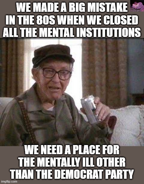 We need to address mental illness in this country | WE MADE A BIG MISTAKE IN THE 80S WHEN WE CLOSED ALL THE MENTAL INSTITUTIONS; WE NEED A PLACE FOR THE MENTALLY ILL OTHER THAN THE DEMOCRAT PARTY | image tagged in grumpy old man | made w/ Imgflip meme maker