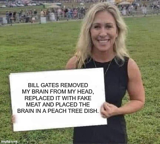 Now it all makes sense! | BILL GATES REMOVED MY BRAIN FROM MY HEAD, REPLACED IT WITH FAKE MEAT AND PLACED THE BRAIN IN A PEACH TREE DISH. | image tagged in marjorie taylor greene | made w/ Imgflip meme maker