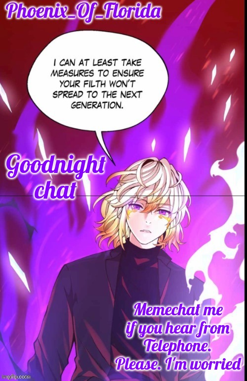 Phoenix's Lucastration Temp | Goodnight chat; Memechat me if you hear from Telephone. Please. I'm worried | image tagged in phoenix's lucastration temp | made w/ Imgflip meme maker