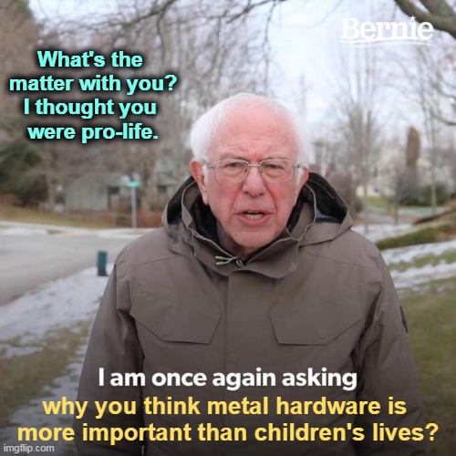 Gun nuts have no answer. | What's the 
matter with you?
I thought you 
were pro-life. why you think metal hardware is 
more important than children's lives? | image tagged in memes,bernie i am once again asking for your support,guns,dead,children,pro-life | made w/ Imgflip meme maker