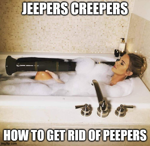 When privacy's highly prized |  JEEPERS CREEPERS; HOW TO GET RID OF PEEPERS | image tagged in bathtub,privacy | made w/ Imgflip meme maker