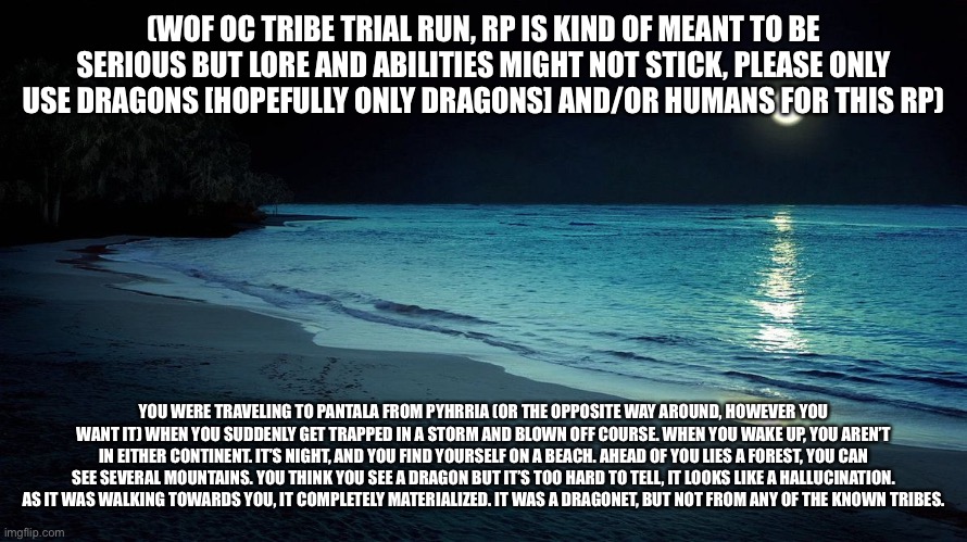 I’m gonna attempt to create my own tribe, this is just a trial run to get ideas | (WOF OC TRIBE TRIAL RUN, RP IS KIND OF MEANT TO BE SERIOUS BUT LORE AND ABILITIES MIGHT NOT STICK, PLEASE ONLY USE DRAGONS [HOPEFULLY ONLY DRAGONS] AND/OR HUMANS FOR THIS RP); YOU WERE TRAVELING TO PANTALA FROM PYHRRIA (OR THE OPPOSITE WAY AROUND, HOWEVER YOU WANT IT) WHEN YOU SUDDENLY GET TRAPPED IN A STORM AND BLOWN OFF COURSE. WHEN YOU WAKE UP, YOU AREN’T IN EITHER CONTINENT. IT’S NIGHT, AND YOU FIND YOURSELF ON A BEACH. AHEAD OF YOU LIES A FOREST, YOU CAN SEE SEVERAL MOUNTAINS. YOU THINK YOU SEE A DRAGON BUT IT’S TOO HARD TO TELL, IT LOOKS LIKE A HALLUCINATION. AS IT WAS WALKING TOWARDS YOU, IT COMPLETELY MATERIALIZED. IT WAS A DRAGONET, BUT NOT FROM ANY OF THE KNOWN TRIBES. | made w/ Imgflip meme maker