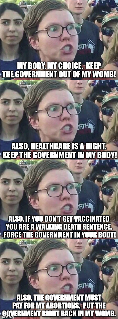 Leftists, make up your minds!  Where do want the government? | MY BODY, MY CHOICE.  KEEP THE GOVERNMENT OUT OF MY WOMB! ALSO, HEALTHCARE IS A RIGHT.  KEEP THE GOVERNMENT IN MY BODY! ALSO, IF YOU DON'T GET VACCINATED YOU ARE A WALKING DEATH SENTENCE.  FORCE THE GOVERNMENT IN YOUR BODY! ALSO, THE GOVERNMENT MUST PAY FOR MY ABORTIONS.  PUT THE GOVERNMENT RIGHT BACK IN MY WOMB. | image tagged in indecision,leftist totalitarianism,what do you want from me | made w/ Imgflip meme maker