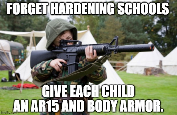Harden the Children | FORGET HARDENING SCHOOLS; GIVE EACH CHILD AN AR15 AND BODY ARMOR. | image tagged in gun violence,nra,guns kills,children and gun violence,guns guns guns | made w/ Imgflip meme maker
