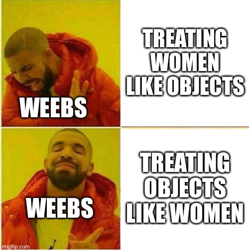 What is up with that anyway? | TREATING WOMEN LIKE OBJECTS; WEEBS; TREATING OBJECTS LIKE WOMEN; WEEBS | image tagged in drake hotline approves | made w/ Imgflip meme maker