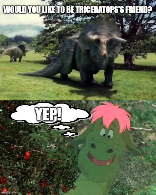 Elliot Meets Triceratops | WOULD YOU LIKE TO BE TRICERATOPS'S FRIEND? YEP! | image tagged in jurassic park,jurassic world,dinosaurs,disney,dragons | made w/ Imgflip meme maker