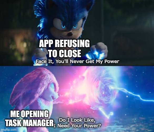 E n d  T a s k | APP REFUSING TO CLOSE; ME OPENING TASK MANAGER | image tagged in do i look like i need your power meme,memes | made w/ Imgflip meme maker