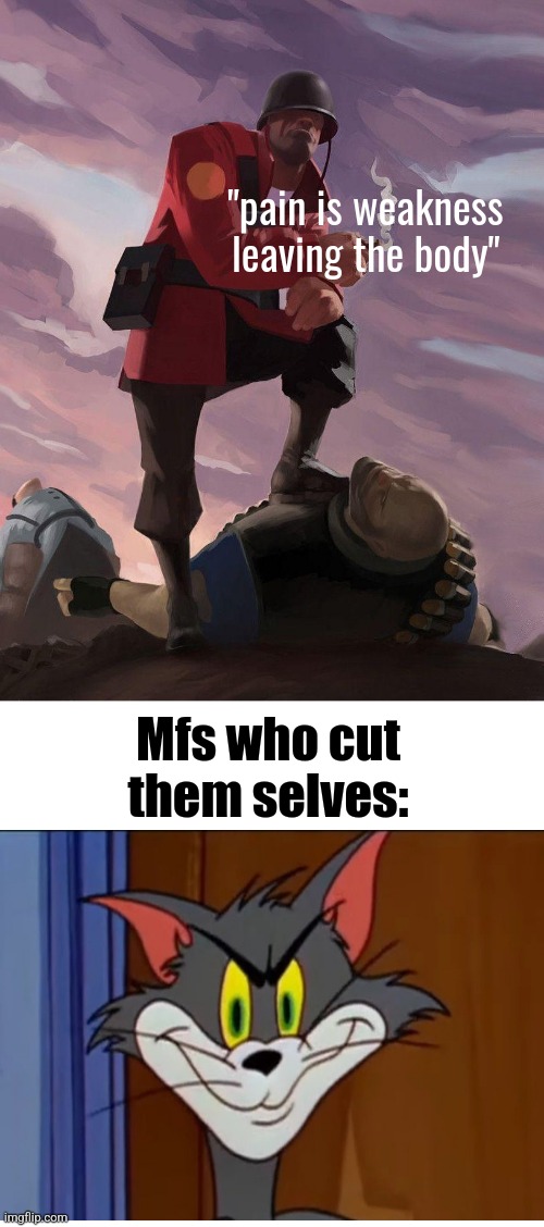 Sooo silly | "pain is weakness leaving the body"; Mfs who cut them selves: | image tagged in tf2 soldier poster crop | made w/ Imgflip meme maker