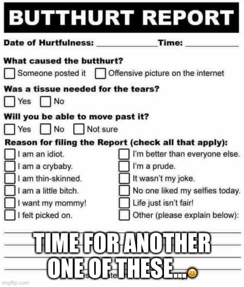 Butthurt Report | TIME FOR ANOTHER ONE OF THESE...? | image tagged in butthurt report | made w/ Imgflip meme maker