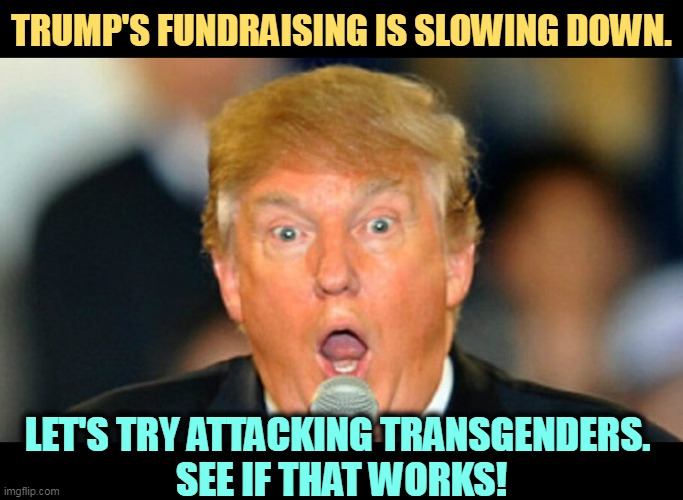 It was always all about the Benjamins. | TRUMP'S FUNDRAISING IS SLOWING DOWN. LET'S TRY ATTACKING TRANSGENDERS. 
SEE IF THAT WORKS! | image tagged in trump,empty,greedy,transgender,money | made w/ Imgflip meme maker