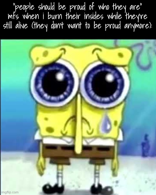 holy wow i made an actual meme | “people should be proud of who they are” mfs when i burn their insides while they’re still alive (they don’t want to be proud anymore): | image tagged in sad spongebob | made w/ Imgflip meme maker