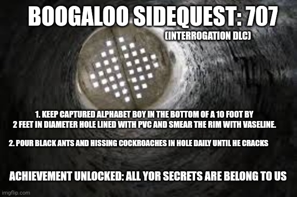 Hey if you turn your phone upside down and look at it like you're looking down the hole it says LOL | BOOGALOO SIDEQUEST: 707; (INTERROGATION DLC); 1. KEEP CAPTURED ALPHABET BOY IN THE BOTTOM OF A 10 FOOT BY 2 FEET IN DIAMETER HOLE LINED WITH PVC AND SMEAR THE RIM WITH VASELINE. 2. POUR BLACK ANTS AND HISSING COCKROACHES IN HOLE DAILY UNTIL HE CRACKS; ACHIEVEMENT UNLOCKED: ALL YOR SECRETS ARE BELONG TO US | image tagged in boogaloo | made w/ Imgflip meme maker