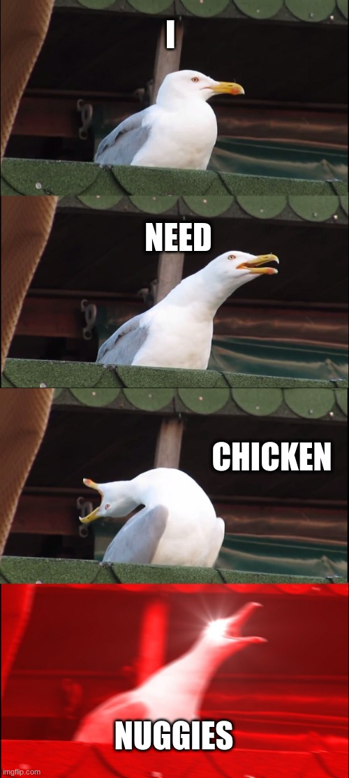 wierd | I; NEED; CHICKEN; NUGGIES | image tagged in memes,inhaling seagull | made w/ Imgflip meme maker