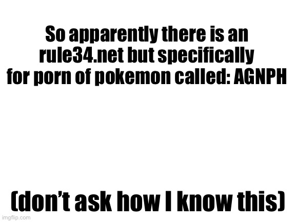 a website that is just E621 but pokemon | So apparently there is an rule34.net but specifically for porn of pokemon called: AGNPH; (don’t ask how I know this) | image tagged in blank white template | made w/ Imgflip meme maker
