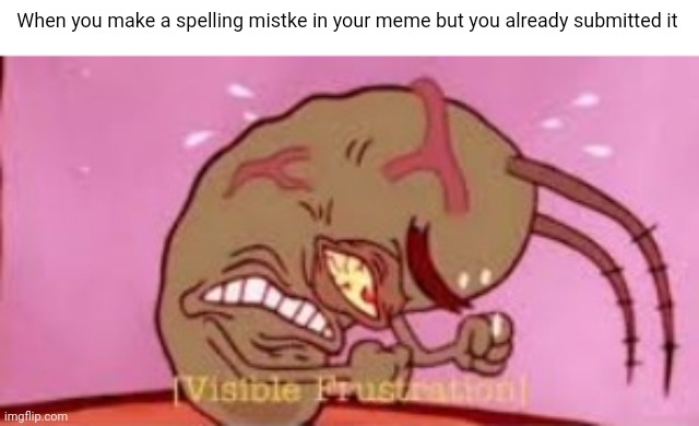 everyone makes mistakes |  When you make a spelling mistke in your meme but you already submitted it | image tagged in visible frustration,spelling error | made w/ Imgflip meme maker