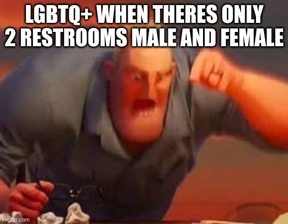 bro | LGBTQ+ WHEN THERE'S ONLY 2 RESTROOMS MALE AND FEMALE | image tagged in mr incredible mad | made w/ Imgflip meme maker