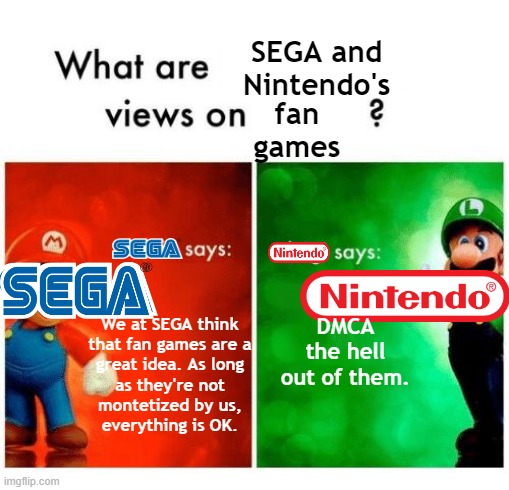 What are SEGA and Nintendo's views on fan games? | SEGA and Nintendo's; fan
games; DMCA the hell
out of them. We at SEGA think
that fan games are a
great idea. As long
as they're not
montetized by us,
everything is OK. | image tagged in mario says luigi says,sega,nintendo,fangames,sonic,mario | made w/ Imgflip meme maker