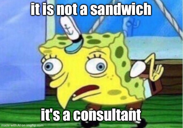 Mocking Spongebob | it is not a sandwich; it's a consultant | image tagged in memes,mocking spongebob | made w/ Imgflip meme maker