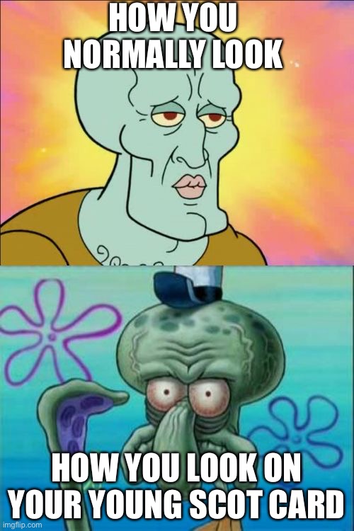 Squidward Meme | HOW YOU NORMALLY LOOK; HOW YOU LOOK ON YOUR YOUNG SCOT CARD | image tagged in memes,squidward | made w/ Imgflip meme maker
