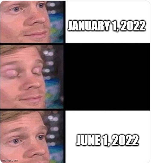 Halfway through 2022 | JANUARY 1, 2022; JUNE 1, 2022 | image tagged in blink,relatable,time,june | made w/ Imgflip meme maker