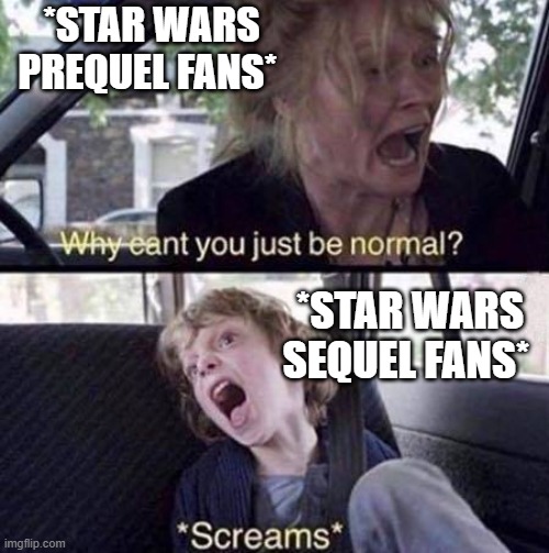 star wars | *STAR WARS PREQUEL FANS*; *STAR WARS SEQUEL FANS* | image tagged in why can't you just be normal | made w/ Imgflip meme maker