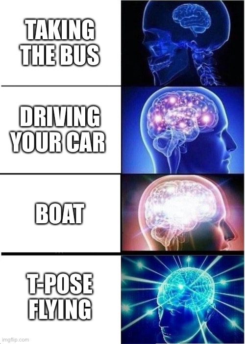 How to get to a location | TAKING THE BUS; DRIVING YOUR CAR; BOAT; T-POSE FLYING | image tagged in memes,expanding brain | made w/ Imgflip meme maker