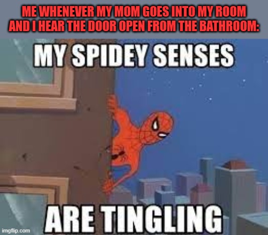 Watch it Mom | ME WHENEVER MY MOM GOES INTO MY ROOM
AND I HEAR THE DOOR OPEN FROM THE BATHROOM: | image tagged in my spidey senses are tingling | made w/ Imgflip meme maker