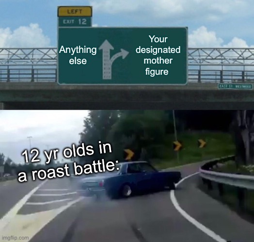 Why.. | Anything else; Your designated mother figure; 12 yr olds in a roast battle: | image tagged in memes,left exit 12 off ramp | made w/ Imgflip meme maker